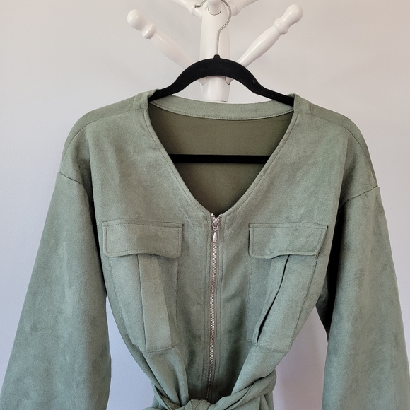 SUEDE Jade Green Wide Long Sleeve V Neck Waist Tie Jacket - Picture 6 of 10